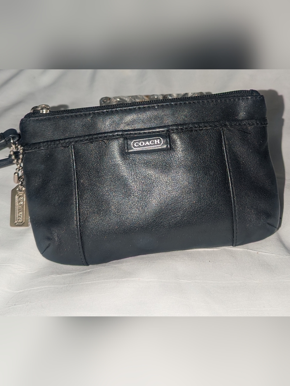 Coach Black Leather Wristlet Clutch with Logo Charm